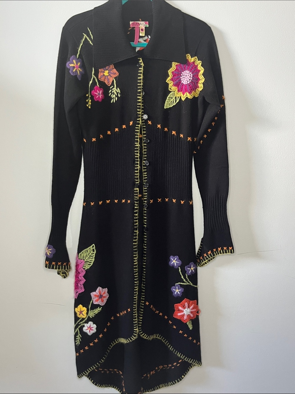 Buffalo David Bitton Vintage Y2K black maxi duster button down cardigan floral
